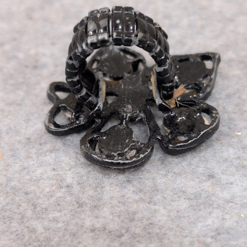 Vtg Black Flower Ring‎ with Yellow Rhinestones Adjustable Band Women's Statement - Picture 3 of 4